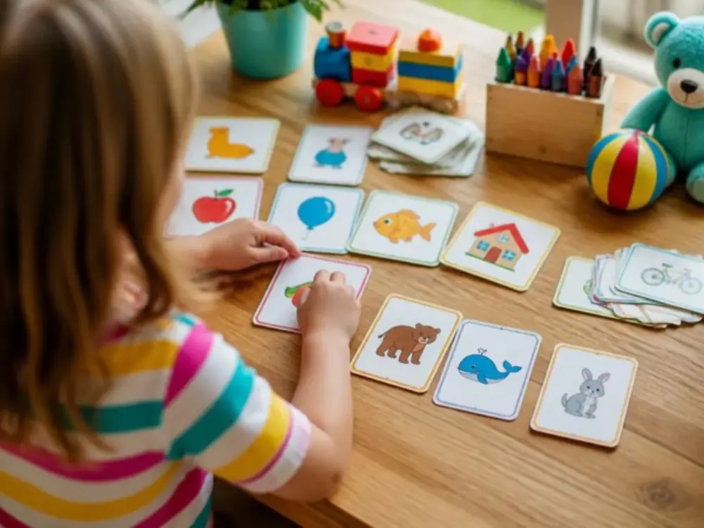 Enfant de dos jouant avec des cartes illustrées en anglais, image d'exemple à remplacer
