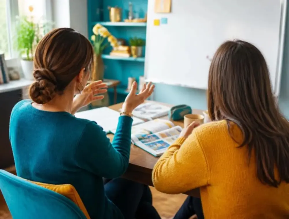 Formatrice en séance individuelle d’anglais, supports pédagogiques sur la table