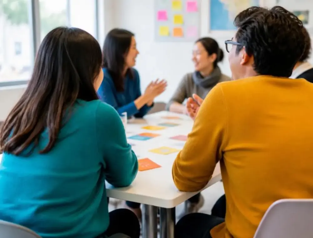 Deux apprenantes de dos pendant un atelier de conversation en anglais