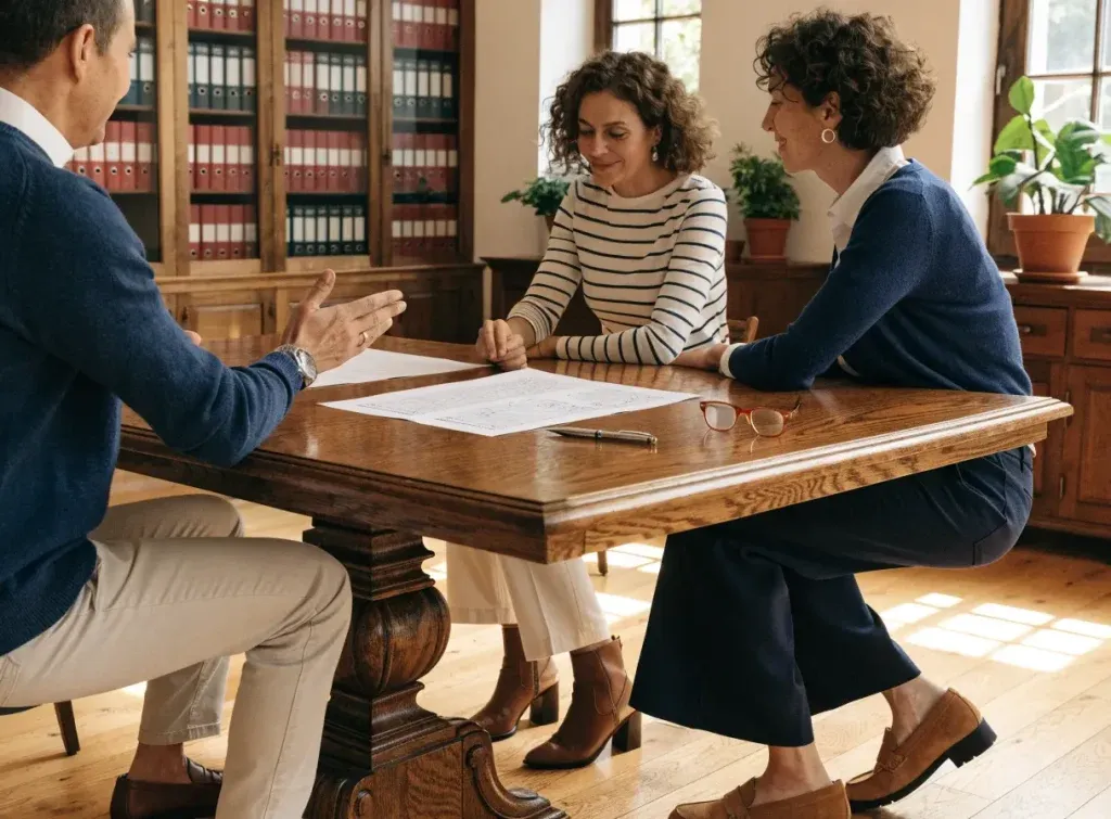 Trois personnes échangent autour d'un document sur une grande table en bois, dans une étude