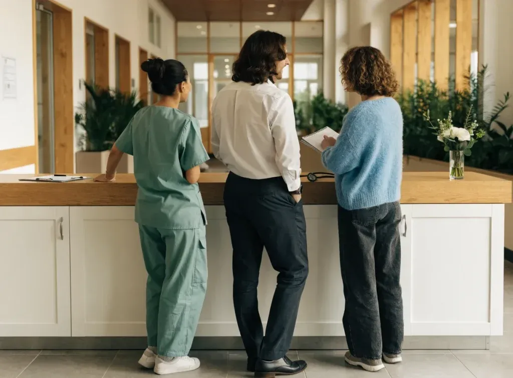 Une infirmière et deux collègues échangent à l'accueil d'un établissement de santé