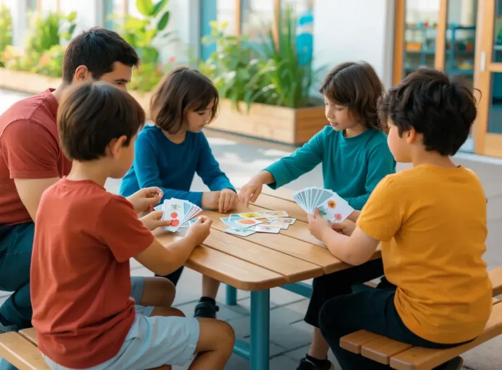 Des enfants et un animateur jouent avec des cartes illustrées autour d'une table en extérieur