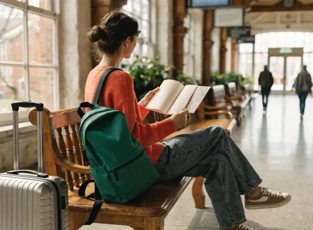Une jeune voyageuse assise sur un banc de gare, sac à dos et valise, prépare son départ