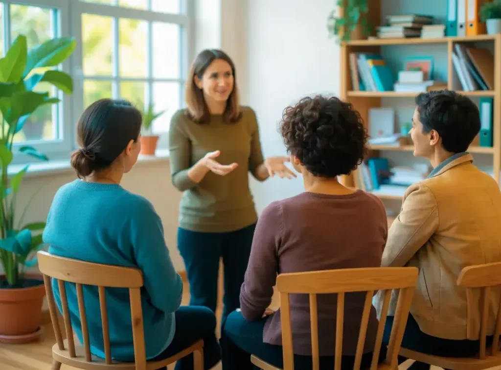 Un petit groupe d'adultes assis en cercle écoute une personne qui prend la parole