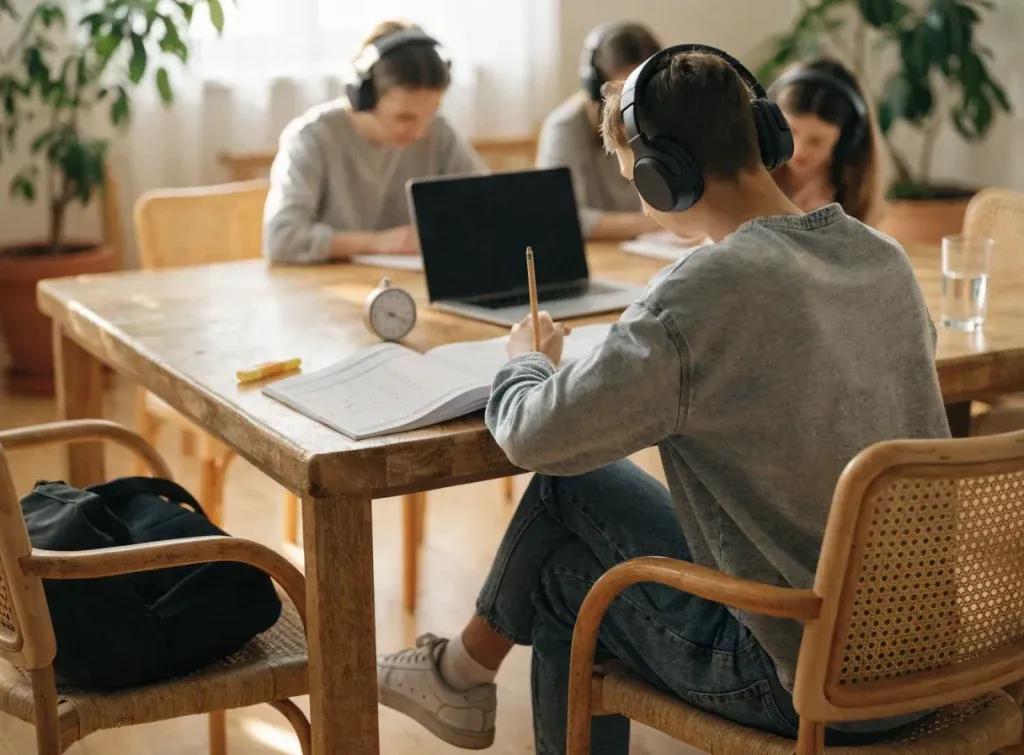Un apprenant avec un casque audio s'entraîne sur un livret dans une salle de travail lumineuse